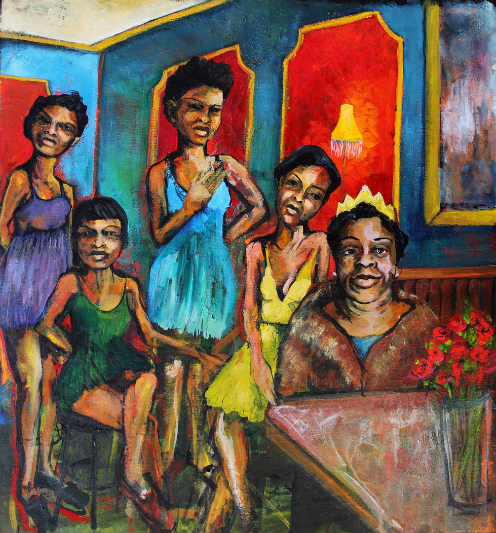 Odessa and her Yella Gals in a bar setting done in bold primary colors and expressive lines