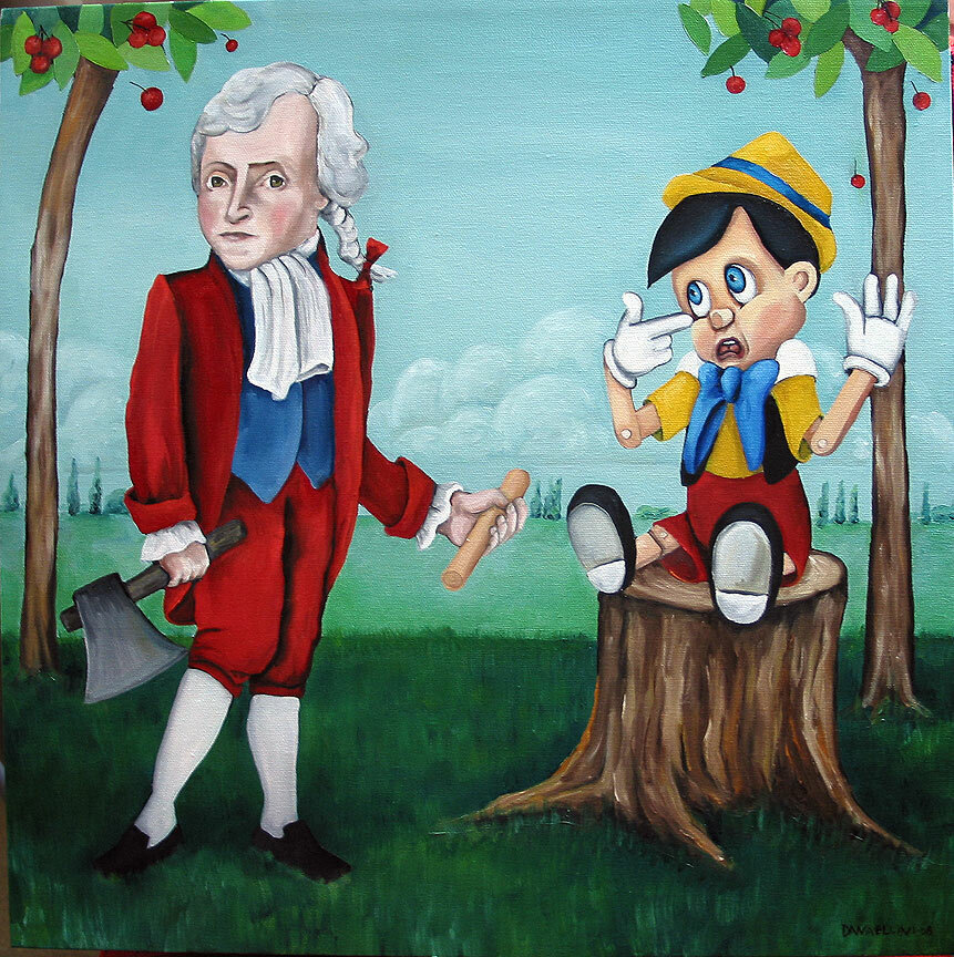 Portrait of George Washington with cherry tree and Pinnochio. 